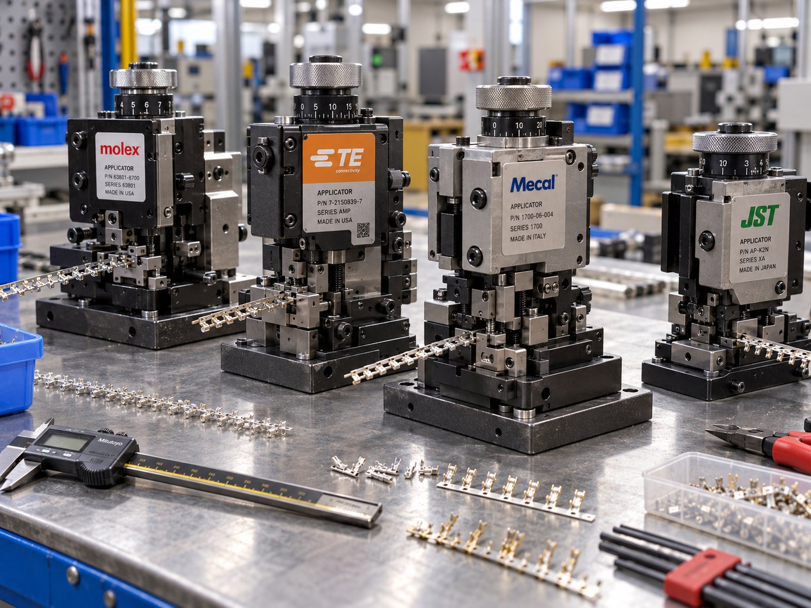 Terminal applicators for Molex, TE, Mecal and JST terminals on a workbench