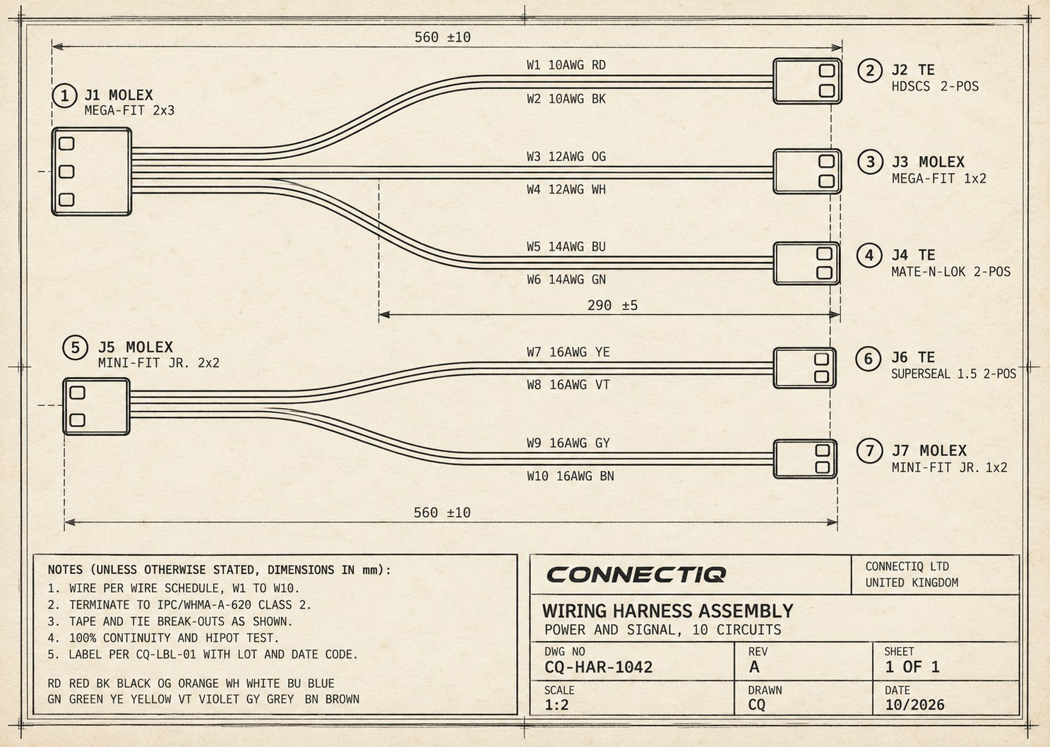 Technical drawing of wire harness CQ-HAR-1042 Rev A showing connectors J1 to J7, wires W1 to W10, dimensions and title block