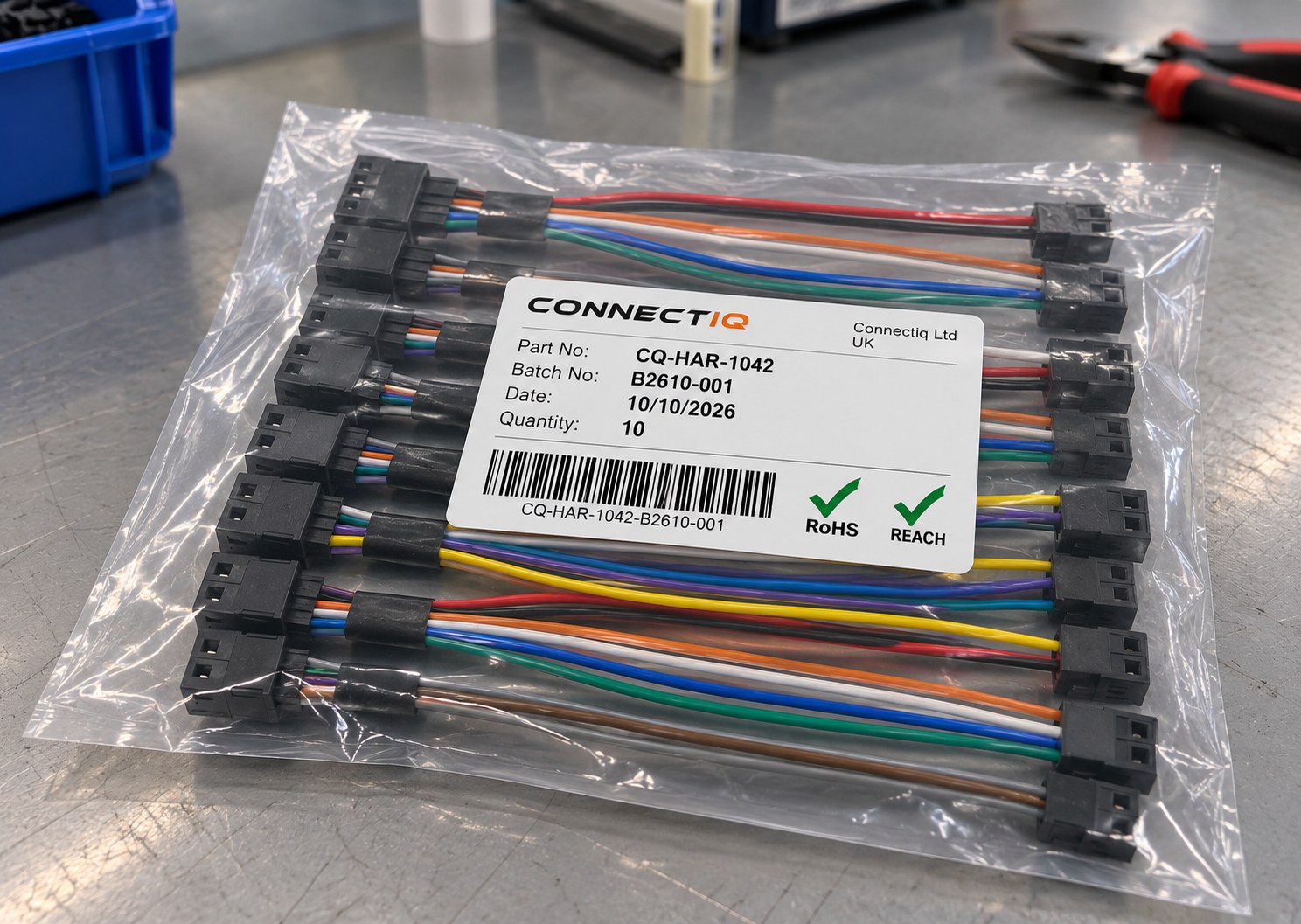 Finished wire harnesses packed in a clear bag with a CONNECTIQ label showing part number, batch, quantity and barcode
